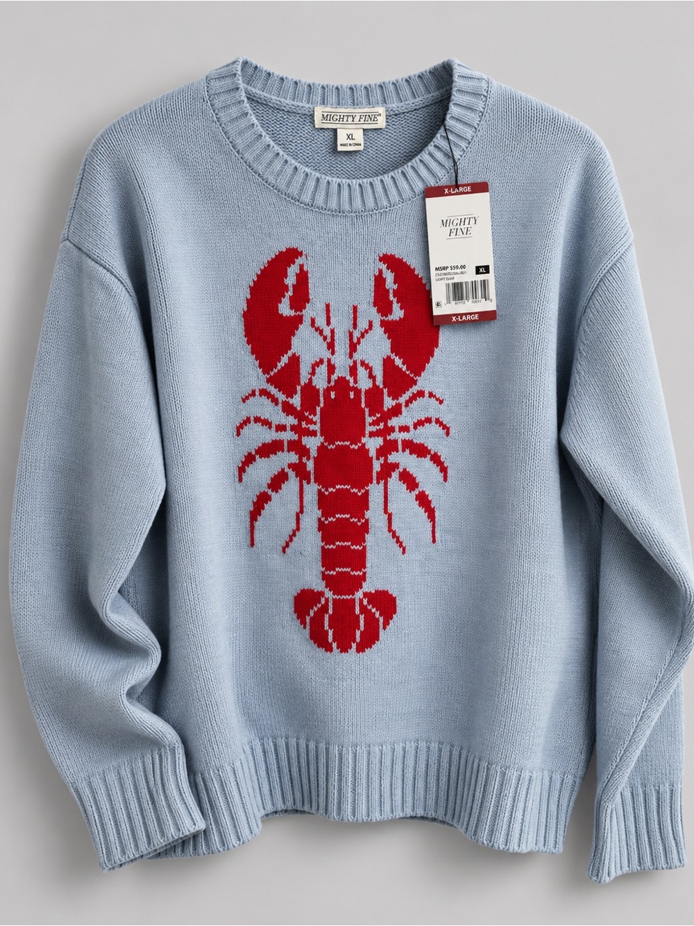 Mighty Fine Lobster Knit Sweater XL Light Blue Red Coastal NWT 🦞 Cotton Blend